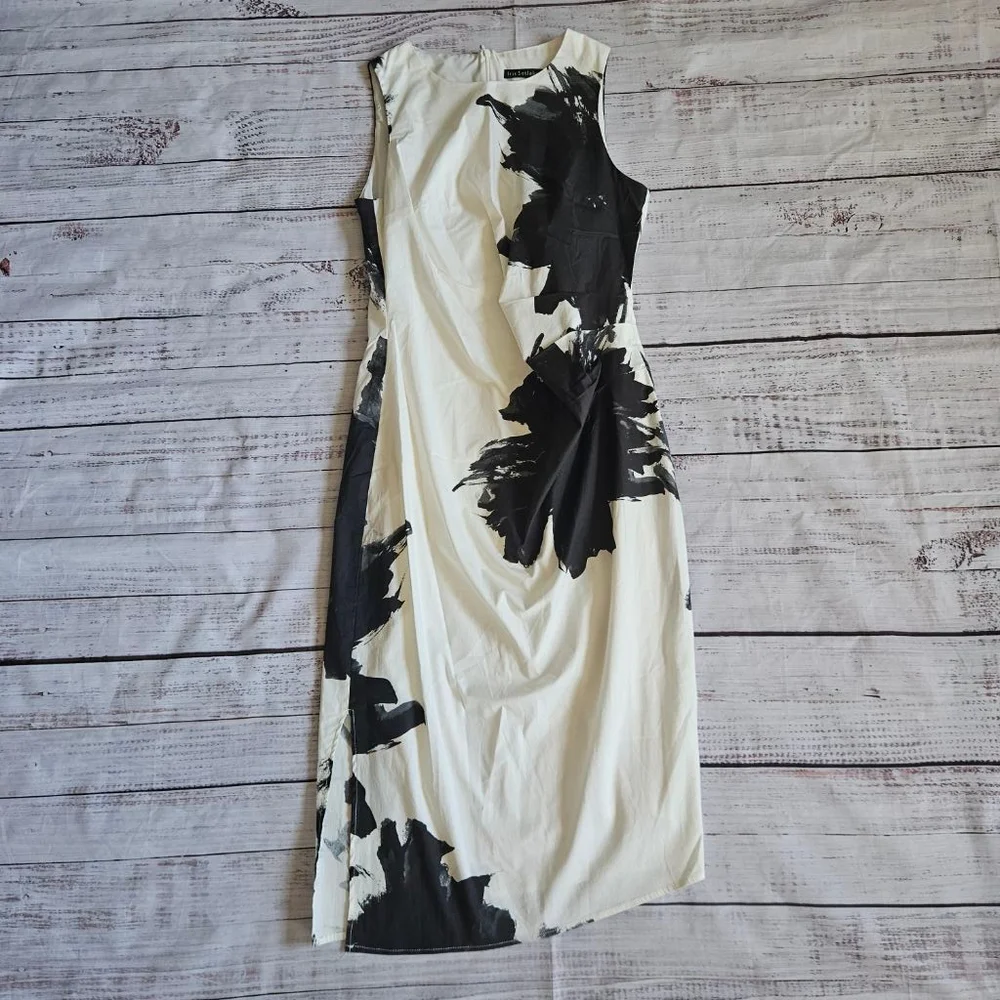 Iris Setlakwe White Black Floral Ruched Fitted Knee Length Dress Womens 6
